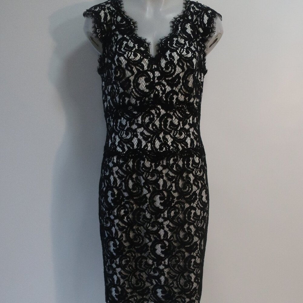 Womens Tadashi Shoji Petite Black White Cap Sleeve Midi Sheath Pencil Dress 12P